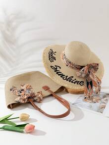 1 Gorra de béisbol con letra bordada + 1 Bolsa de paja - Tiras de tela beige con letras - Ver 7