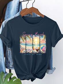 Sommaroutfit dam 2026 Sommarstrandserie Mönstrad kortärmad T-shirt 6260t-shirt dam - 02-Svart - Visa 6
