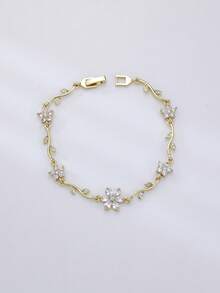 1pc Bohemian Style Multi-Color Zirconia Flower Bracelet With Delicate Leaf Chain, Women's Daily Wear & Date Jewelry Gift - Flower Chain - View 14