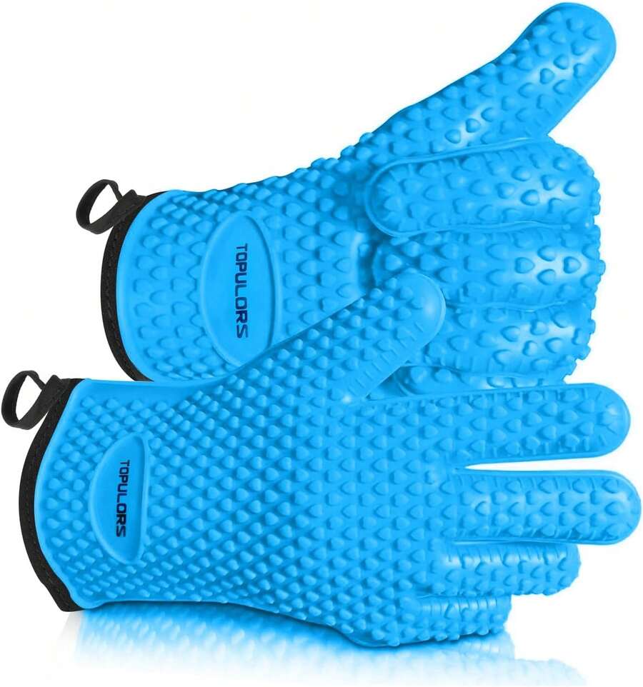 Heat Resistant Silicone Gloves For Cooking, Grilling, And BBQ Non-Slip Grip, Five-Finger Design With Inner Cotton Layer - Perfect For Handling Hot Food, Meat, And Potholders Inner Cotton Layer- Blue - ColorA - View 1