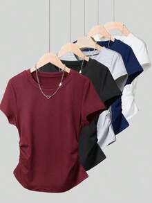Set de 3 blusas deportivas casuales para mujer, nuevos estilos de verano en colores café, marrón, blanco, azul, rayas multicolor y azul con cintura ajustada - Multicolor 4 - Ver 1