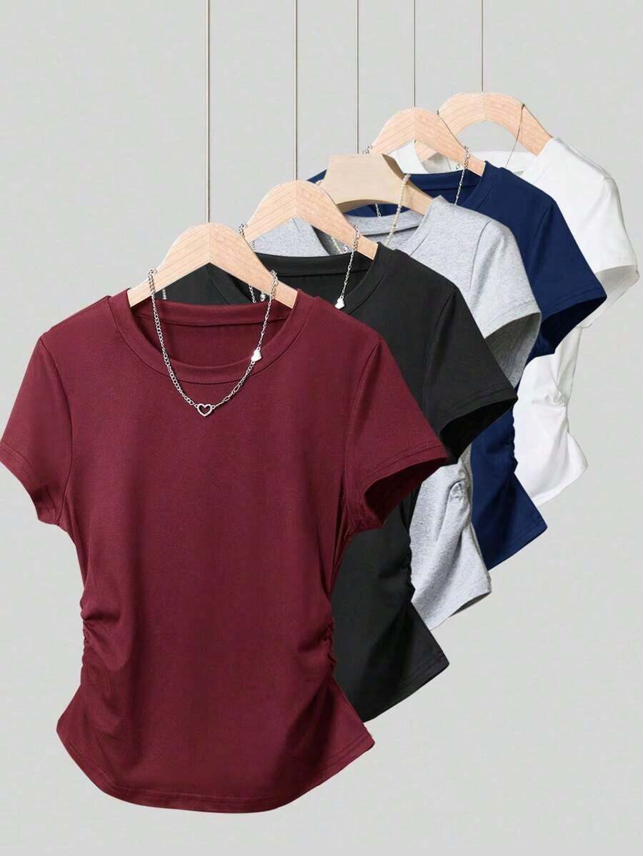 Set de 3 blusas deportivas casuales para mujer, nuevos estilos de verano en colores café, marrón, blanco, azul, rayas multicolor y azul con cintura ajustada - Multicolor 4 - Ver 1