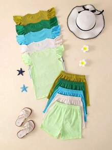 Conjunto de 10 piezas de top de punto color liso y shorts a juego color liso para niñas, para primavera/verano - Multicolor - Ver 2