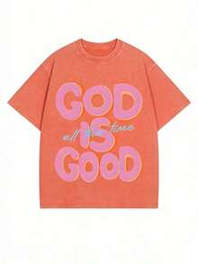 Summer TopsMen Shirts Graphic Tee Cotton T Shirt, 100 Percent Cotton Tops Streetwear Y2K, Shirts Summer Fits Summer Clothes, 230G Washed Soft Knitted - 珊瑚橙 - 查看 1