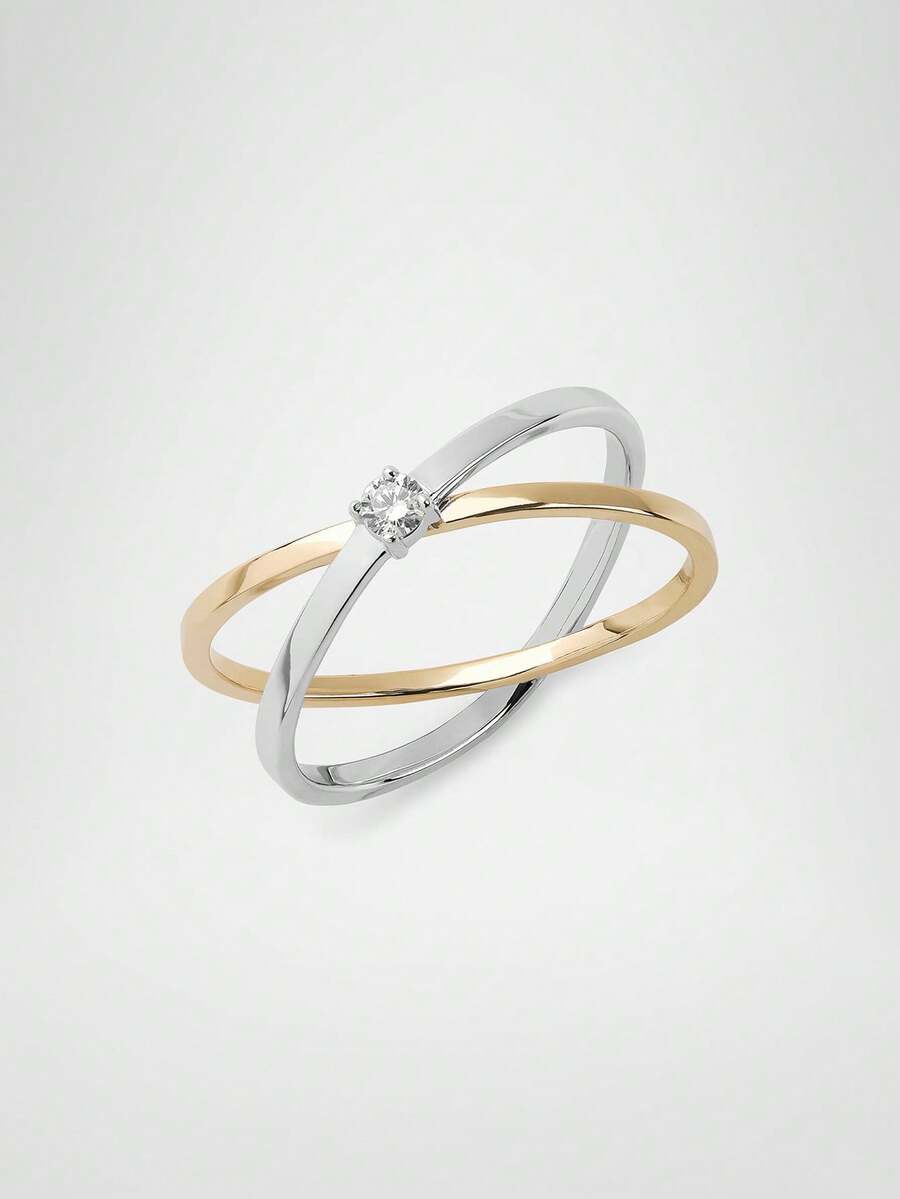 简约优雅925纯银镀18K金锆石交叉戒指，女士款 - Solo Zircon Ring - 查看 1