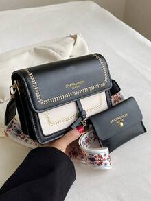 Bolso de mano de moda para mujer, nueva bolsa cruzada versátil, diseño de color block casual, bolsa cuadrada pequeña, correa ancha, adecuada para fiesta, cita, escuela, actividades al aire hace un gran regalo - Blanco y Negro - Ver 10