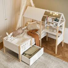 (Previous Reference: W2845S00049) Children's Bed 90 X 200 Cm With Fall Protection And Slatted Bed Base, L-Shaped Desk And Shelving Unit, Drawers With Wheels, Multifunctional House-Shaped Bed, Made Of Solid Wood, White Color. - trắng - Xem 11