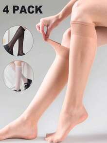 4 Pairs Women's Summer Mid-Calf Socks, Transparent Thigh High Stockings, Fashion Versatile Socks Suitable For Daily Wear - Apricot - View 10