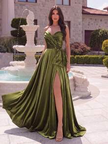 Faeriesty Đầm satin xẻ tà thanh lịch dành cho nữ, thiết kế không dây vai và buộc dây phía sau, phù hợp cho các dịp trang trọng, đám cưới và chụp ảnh cưới lãng mạn. - Màu xanh Ô liu - Xem 3