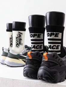 1 Pair Men's Mid-Calf Cotton Socks With "HOPE PEACE" Letter Print, Black And White Colorblock, Durable And Versatile - Multicolor - View 3