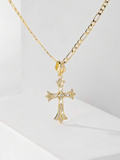 1PC 14k Gold Plated Copper Catholic Vintage Zirconia Cross Necklace For Women, Delicately Inlaid With Zirconia To Enhance Texture, Vintage Style Integrated With Religious Faith Elements, Specially Made For Catholic First Communion, Comfortable To Wear And Elegant, Suitable For Women's Daily Wear, Worship, Festivals And Other Occasions, A Meaningful Faith Jewelry With Commemorative Significance