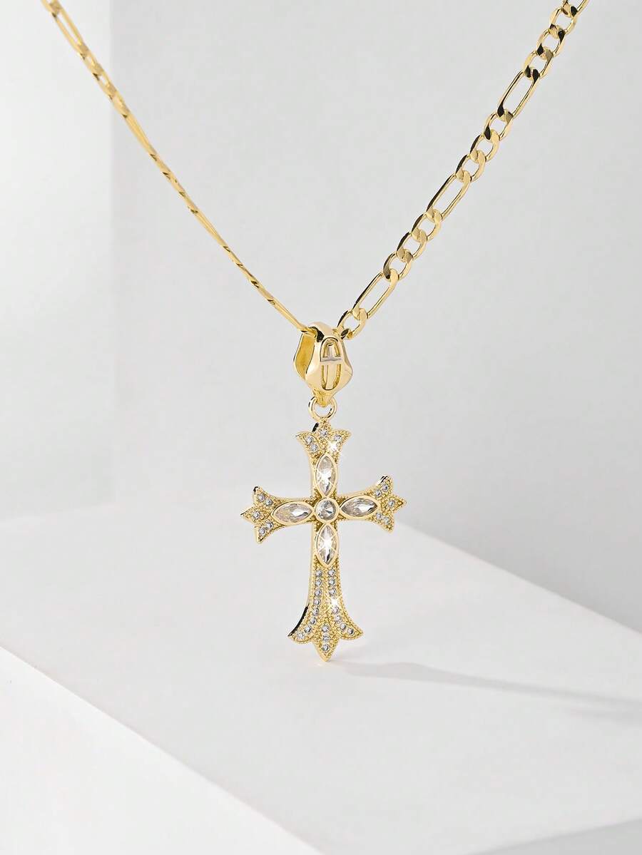 1 chiếc dây chuyền thánh giá Công giáo mạ vàng 14k bằng đồng, kiểu dáng cổ điển, đính đá Zirconia dành cho nữ, được chế tác tinh xảo với đá Zirconia để tăng thêm vẻ đẹp, mang phong cách cổ điển kết hợp với các yếu tố tín ngưỡng tôn giáo, đặc biệt dành cho lễ Rước lễ lần đầu của người Công giáo, thoải mái khi đeo và thanh lịch, phù hợp cho phụ nữ đeo hàng ngày, đi lễ, tham dự lễ hội và các dịp khác, một món trang sức tín ngưỡng ý nghĩa mang giá trị kỷ niệm. - Vàng - Xem 1