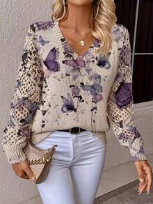 Suéter elegante de manga comprida com estampa floral e decote em V, versátil para primavera, verão, outono e inverno, estilo boêmio, blusa de tricô moderna para o escritório, para usar na rua, em casa e em viagens. - Roxa - Ver 3