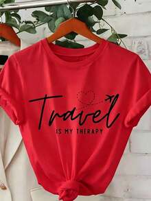 Women's "Travel Is My Relax" Graphic Cotton T-Shirt - Black With White Lettering & Airplane Heart Design, Loose Fit Short Sleeve Round Neck Casual Top For Summer, Breathable Machine-Washable TeeWomen's Valentine's Day Heart Print T-Shirt,Women's Football Print Oversized T-Shirt,Women's Minimalist Geometric T-Shirt - 紅色 - 查看 8