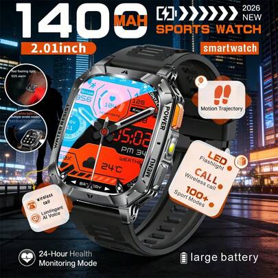New Large Screen Smartwatch, 2.01-Inch High-Definition Touch Screen, 1400Mah Large Battery Smartwatch, Designed For Outdoor Activities, Equipped With LED Flashlight (Red And White Light Sources), Over 100 Sports Modes, Wireless Calling And Sports Tracking, Large Memory, Rich UI Scenes, Step Counting