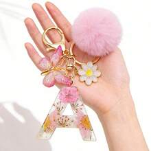 1pc Dried Flower Resin English Letter Keychain, Fashion Women Keychain With Butterfly Tassel Plush Ball Decor, Gift For Mom And Best Friend - Baby Pink - View 5