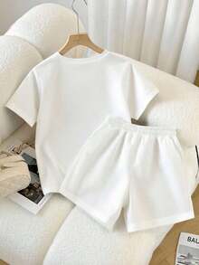 Conjunto de dos piezas casual  2026: camiseta cuello redondo + shorts con cordón color café, ideal para verano - Blanco 2 - Ver 2