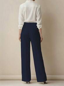 Pantalones casuales y de oficina de talle alto con pliegues para mujer, de corte holgado, adecuados para primavera/verano, color caqui - Azul marino - Ver 7