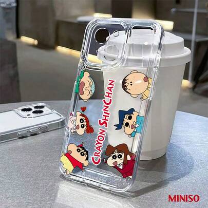 Miniso 蜡笔小新人物拼贴透明手机壳，适用于 iPhone 17/17 Pro/17 Pro Max/17 Air/16/15/14/13/12/11/X 系列，iPhone 17 Pro Max 手机壳，iPhone 17 Pro 手机壳，iPhone 17 手机壳，送给女朋友的理想礼物，动漫迷的完美之选