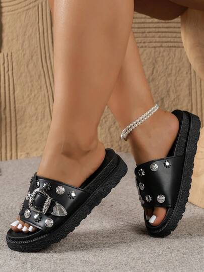 Wide Fit Solid Color Rivet Decor One-Strap Design Open Toe Breathable Fashion Versatile Comfortable Lightweight Rivet Decor Platform Slip-On Casual Sandals, Suitable For Daily Wear