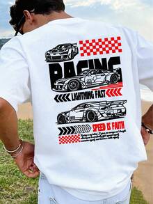Car Racing Style Printed T-Shirt, Men's 100% Cotton Loose Fit Casual Tee, Streetwear, Summer Clothing, Comfortable For Everyday Wear, Outdoor Sportswear, Gift For Men. - 白色 - 查看 2