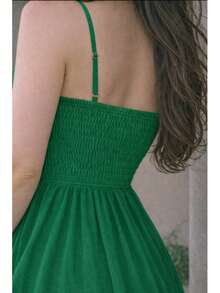 Long Dress In Viscose Linen, Plain, With Thin Straps, Buttons Down The Front, Padded Cups And Lining. Elasticated Back. - cờ xanh - Xem 2