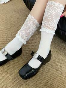 1/2 Pairs Spring New Lace Delicate Sweet Mid-Calf Socks - Multicolor - View 2