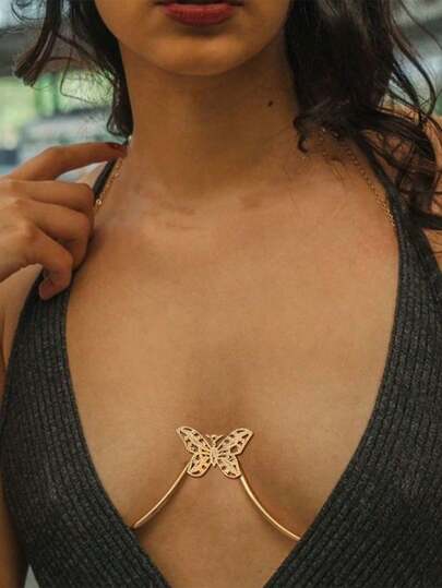 1 pieza Arnés de pecho con diseño de mariposa, Collar de cadena de moda minimalista vintage, Cadena corporal sexy para fiestas y clubes, Accesorio de playa de verano