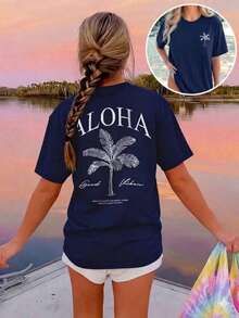 Women's Spring/Summer New Palm Tree Slogan Print Casual Round Neck Short Sleeve T-Shirt, Fashionable Resort Style, Your Daily Essential Item. Graphic Tee, Pink Top, Resort2026 - 藏蓝色 - 查看 13