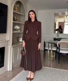 Conjunto de Vestido Largo Elegante de Estilo Retro para Otoño - Marron oscuro - Ver 8