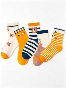 5 đôi tất trẻ em họa tiết gấu hoạt hình dễ thương, tất cotton mềm mại, thoáng khí, kẻ sọc, phù hợp cho bé trai và bé gái mặc hàng ngày. - Nhiều màu - Xem 6