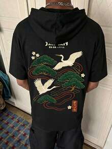 Áo thun ngắn tay mùa hè có mũ, thêu và in hình chim hạc Nhật Bản, áo hoodie nhẹ dáng rộng có dây rút. - màu đen - Xem 10