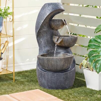 1pc Solar-Powered Cascading LED Flowing Water Bowl Fountain | Rustic Resin Stone-Effect Garden Ornament Statue | Features Built-In LED Lights & Solar Water Pump | Elegant Outdoor Decor For Patio, Yard | Large 28.5*26*50CM