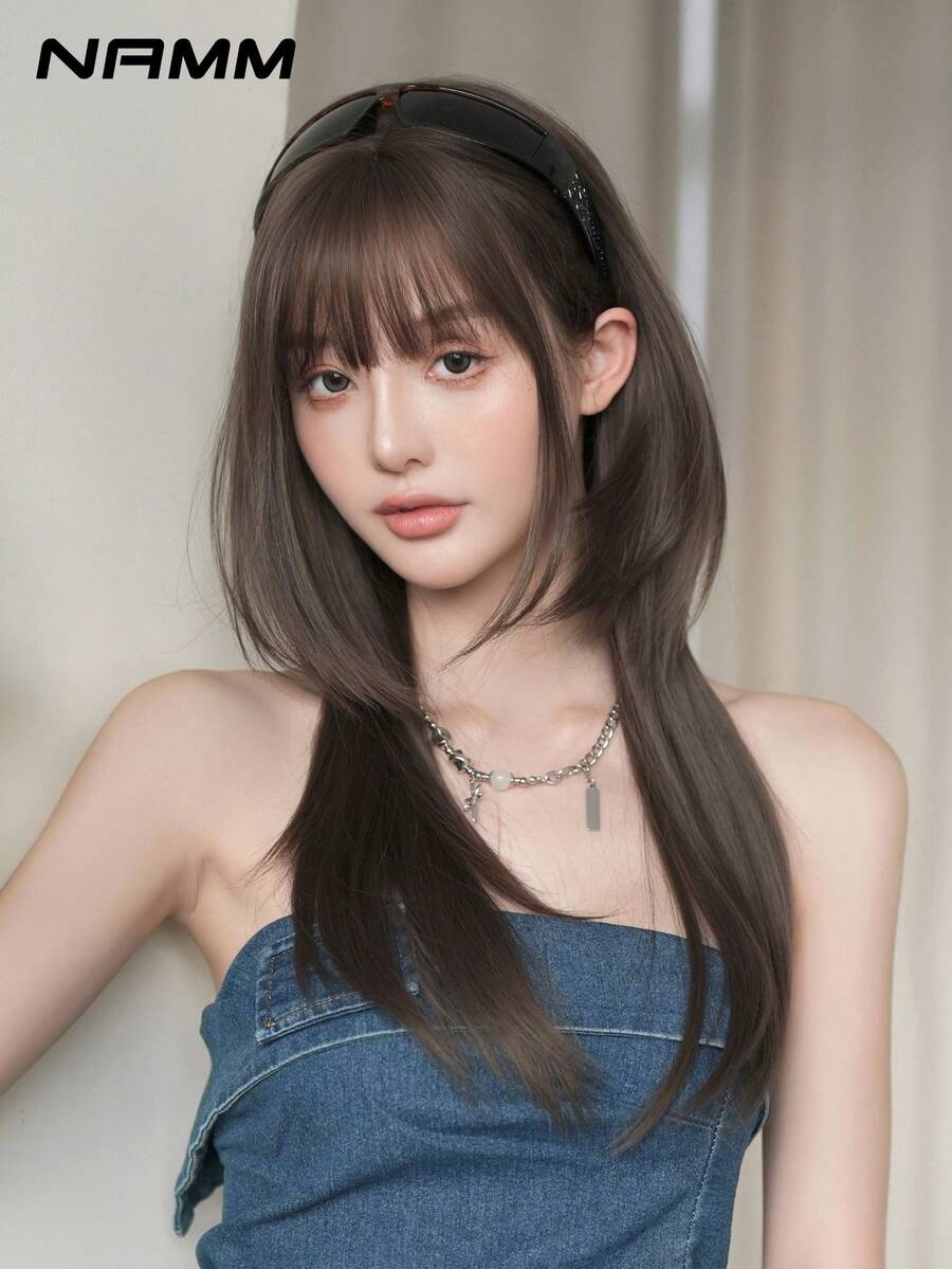 NAMM Brown Princess Cut &Jellyfish Wig For Women 22 Inch Highlight Layered Wig With Bangs High Quality Synthetic Fiber Hair For Daily Wear ,Girls Cosplay Wear - Theme Parties Use (Social Media Photo Sharing )
