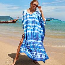 New Rayon Printed Long Dress For Seaside Vacation, Loose Plus-Size Beach Dress, Bikini Swimsuit Cover-Up For Women - Blue Gradient (ZS1817-10) - View 2