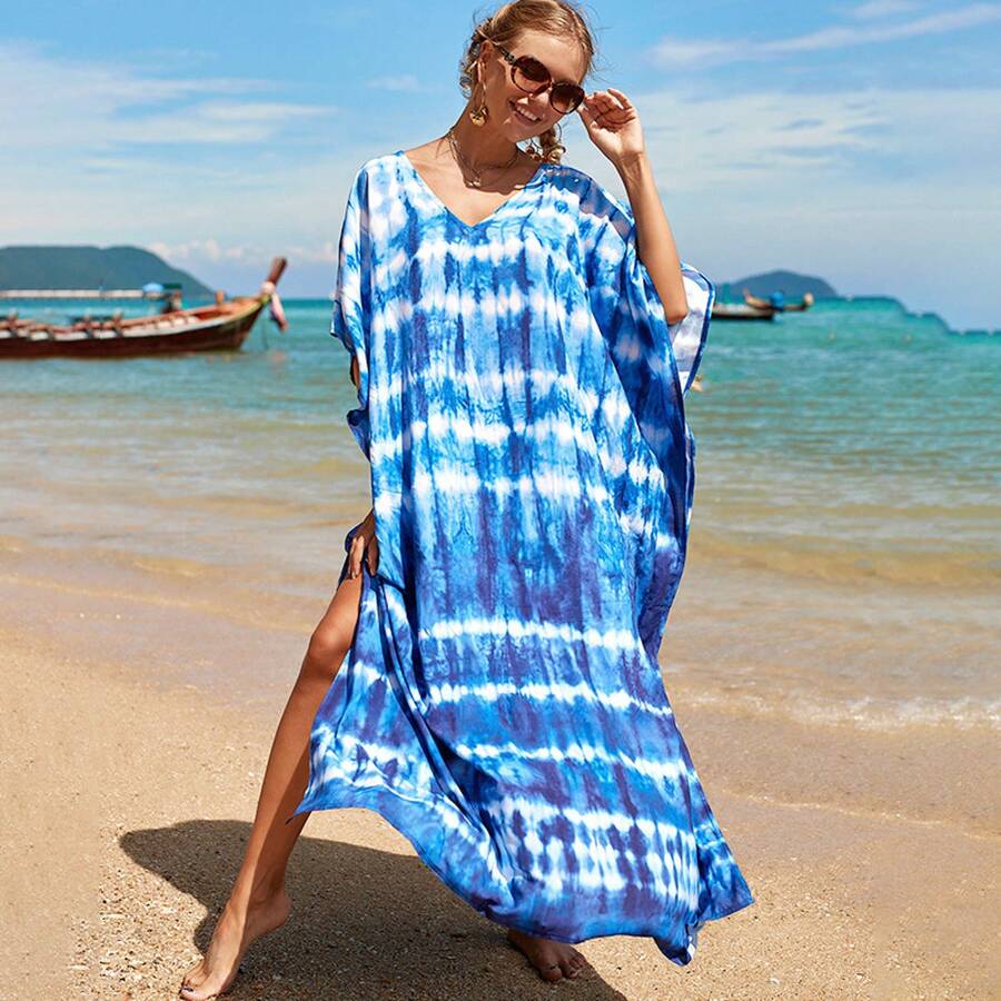 New Rayon Printed Long Dress For Seaside Vacation, Loose Plus-Size Beach Dress, Bikini Swimsuit Cover-Up For Women