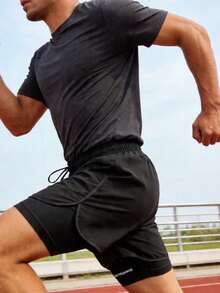 Pantalones cortos de running para hombre con forro de compresión incorporado, ligeros y de secado rápido para deportes - Negro - Ver 2