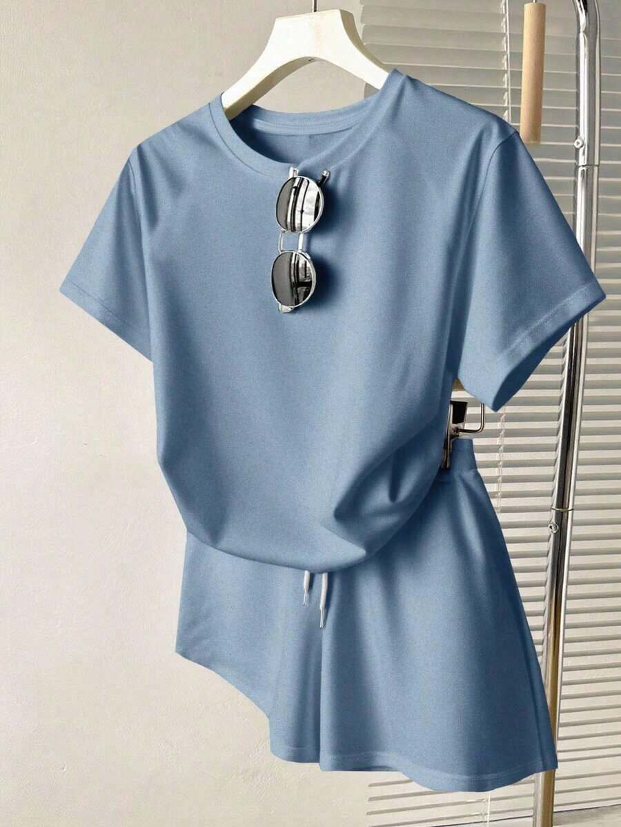 Conjunto de dos piezas casual 2026: camiseta cuello redondo + shorts con cordón color café, ideal para verano - Niebla azul - Ver 1