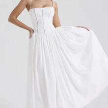 Women's Elegant White Midi Dress Sleeveless Deep V Neck A-Line Backless Flared Asymmetrical Cami Dress, Perfect For Casual & Formal Events - 白色 - 查看 1