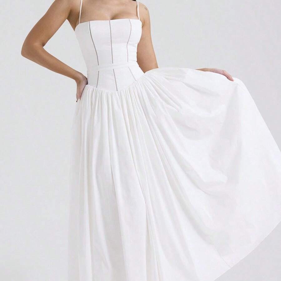 Women's Elegant White Midi Dress Sleeveless Deep V Neck A-Line Backless Flared Asymmetrical Cami Dress, Perfect For Casual & Formal Events - 白色 - 查看 1