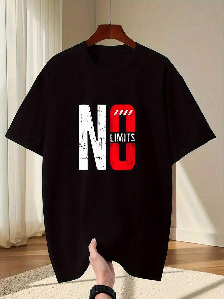 100% Cotton "NO LIMITS" T-Shirt, Plus Size For Men And Women, Unisex, Comfortable And Casual, Summer Clothing, Graphic Fashion, Tops And T-Shirts, Plus Sizes - 黑色 - 查看 1
