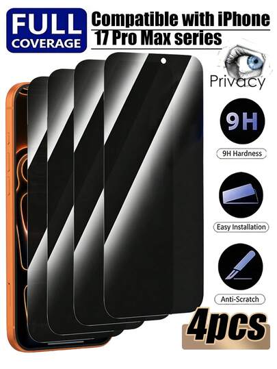 Shockproof Privacy Screen Protector 4pcs Anti-Peeping Tempered Glass Screen Protector, Compatible With IPhone 17/17 Air/17 Pro Max/16 Pro Max/16 Pro/16 Plus/15/14/13/12/11 Series, 9H Hardness, Full Coverage, Curved Edges, Anti-Oil Coating, Anti-Yellowing And Fingerprint Mother's Day Gift Anniversary Celebration