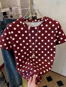 Camiseta de mujer de manga corta y cuello redondo de unicolor con estampado de lunares elegante y versátil, ideal para el estilo de viaje, vacaciones y playa - Burdeos - Ver 3