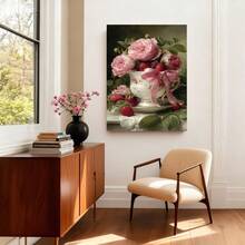 Con marco 2D plano, 2D plano, arte 2D con tazas de té románticas, rosas y fresas, perfecto para Pascua. Estos pósters de lienzo con marco de sirven como elegantes decoraciones de pared para cualquier habitación. - Enmarcado - Ver 5