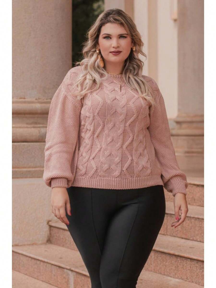 Plus Size Winter Puff Sleeve Knitted Blouse - Size G2 (EXL) - Rose - View 1