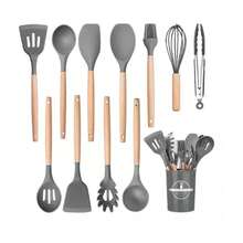 12pcs Silicone Cooking Utensil Set, Simple Wooden Handle Multi-Purpose Kitchen Gadget Tool Set For Kitchen - Red - View 6