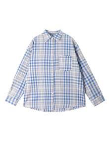 Korean Style Loose Fit Long Sleeve Plaid Shirt, Random Fabric Panels - Blue - View 10
