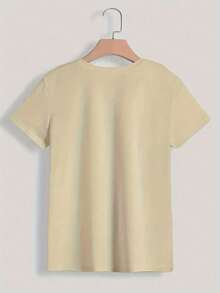 Women's Cotton T-Shirt, "Travel Is My Relax" Letter,Airplane & Heart Print,Apricot Loose Round Neck Short Sleeve Tee,Breathable For Summer Daily Wear - 杏色 - 查看 2