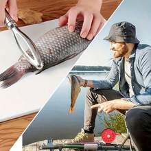 Raspador de escamas de pescado de acero inoxidable, con hoja dentada fina de doble cara, que elimina rápidamente las escamas de pescado sin salpicaduras ni dañar la piel. Construcción de una sola pieza de acero sólido, resistente a la oxidación, con mango largo antideslizante para un agarre fácil. Orificio para colgar para su almacenamiento, adecuado para el hogar, la cocina, el procesamiento de mariscos frescos, las cocinas de restaurantes y los entusiastas de la pesca para limpiar fácilmente los peces vivos. - Ver 6