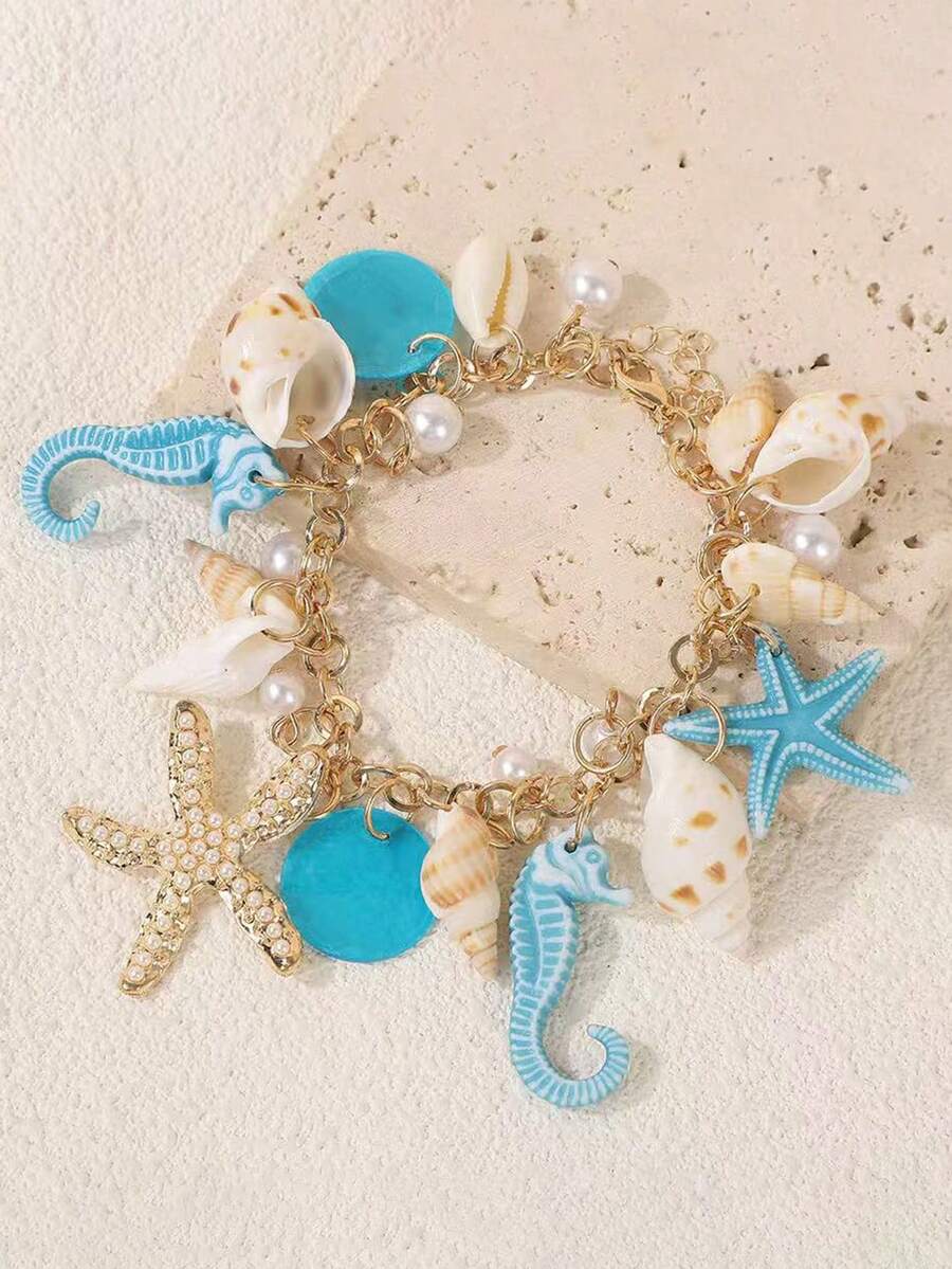 1pc Bohemian Style Alloy & Pearl Decor Starfish Bracelet For Women, Summer Ocean Style Adjustable Bracelet, Casual Daily Wear Accessory, Perfect For Hawaiian Seaside Outfits, Party & Holiday Gift, Ideal For Hawaiian Beach Outfits, Beach Party & Festival Gift, Minimalist Statement Bracelet, Must-Have Summer Beach Essential - Multicolor - View 1